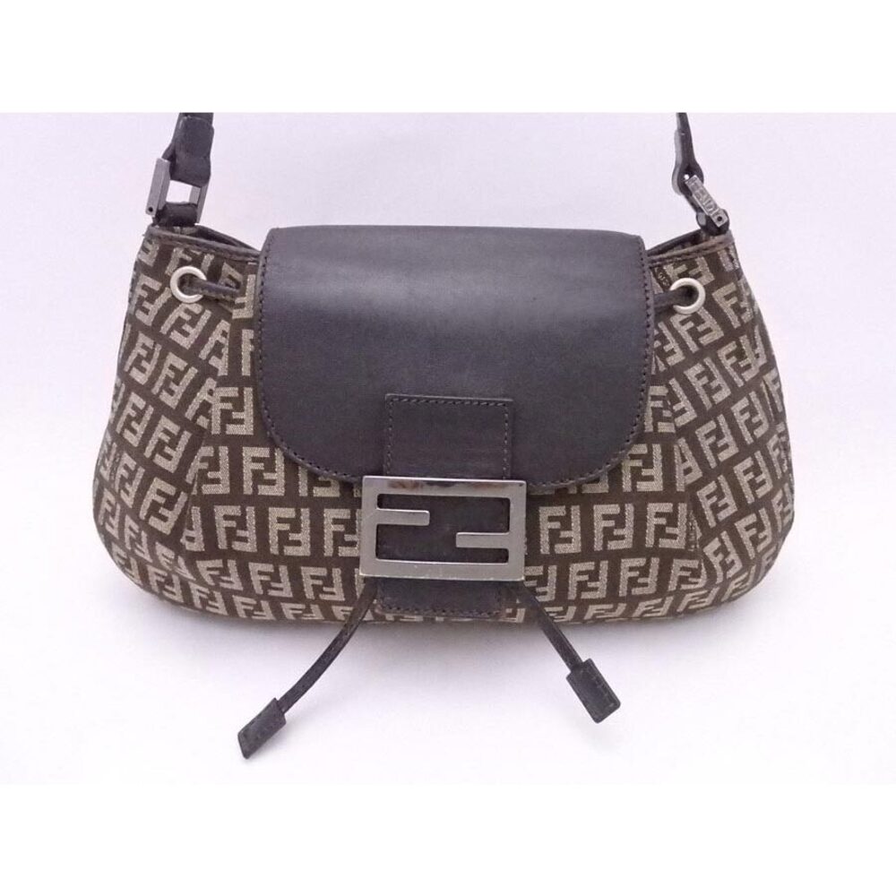 Fendi Shoulder Zucchino Canvas Brown Bag Leather